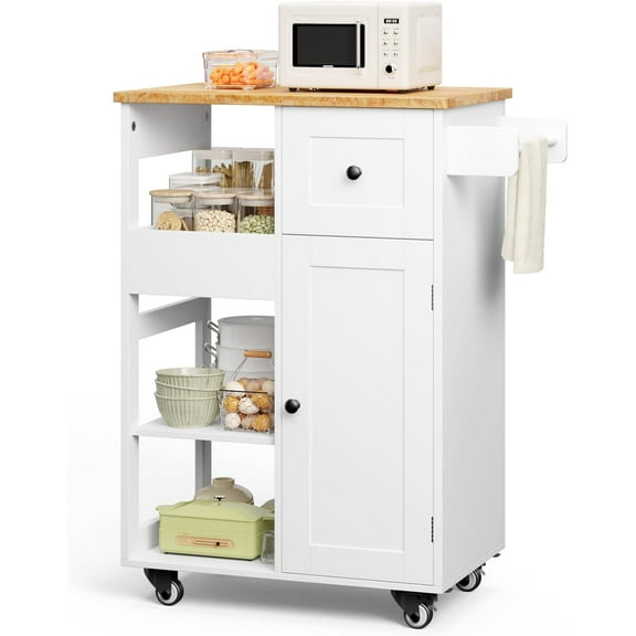 AIZYT Kitchen Island Cart on Wheels, with Thickened Wooden Countertop, Rolling Serving Utility Cart with Drawers and Doors, Bar Cart with Adjustable Shelf and Removable Tray for Dining Room, White