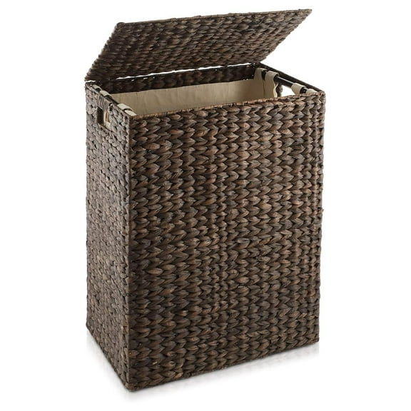 AIZYT Large Laundry Hamper with Lid and Removable Liner Bag - Espresso, Woven Water Hyacinth Rectangular Laundry Basket Sorter for Clothes and Towels
