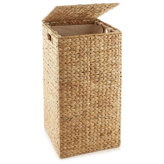 AIZYT Laundry Hamper with Lid and Removable Liner Bag - Natural, Woven Water Hyacinth Square Laundry Basket Sorter for Clothes and Towels