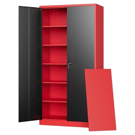 AIZYT Metal Storage Cabinets with Lock, 71" Tall Locker Organizer Steel Cabinets, Adjustable Shelves 2 Doors for Home, Office, Warehouse,Garage,Industrial,Employee Lockers (Style B, Black Red)