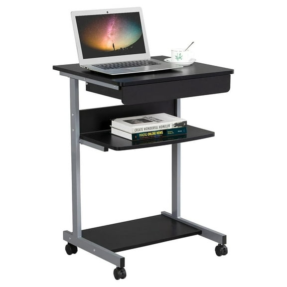 AIZYT Mobile Compact Computer Desk Cart for Small Spaces, Work Workstation, Writing Desk Table with Drawers and Printer Shelf on Wheels