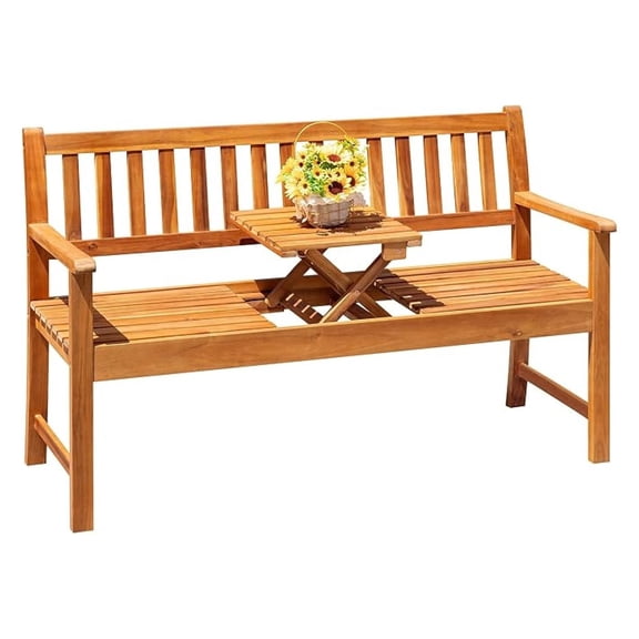 AIZYT Outdoor Bench, 2-Person Garden Bench, Patio Wood Bench Outdoor Loveseat with Pull-Out Center Table for Backyard, Balcony and Patio and Garden (Log Color)