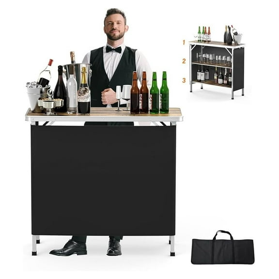 AIZYT Portable Bar Table, 3-Tier Shelves, Mobile Bar Table for Events, Party, Camping, Picnic, Tradeshow, Indoor with Black Skirt, 39 "L x 34" H