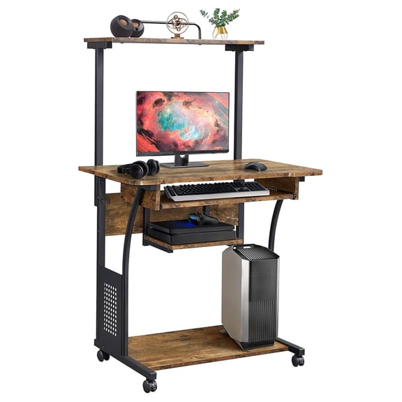 AIZYT Retro Computer Desk on Wheels Mobile Computer Desk with Printer Shelf and Keyboard Tray, 3 Tiers Home Office Desk with Storage for Small Space, Compact Computer Workstation, Rustic Brown