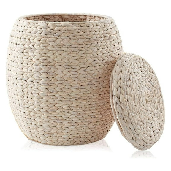 AIZYT Round Storage Basket with Lid - Whitewash, Handwoven Water Hyacinth Organizer for Laundry, Blankets, Plants, Bedroom, Living Room, Home Office