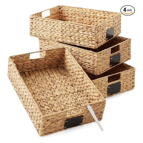 AIZYT Set of 4 Water Hyacinth Pantry Baskets, 12-1/2" x 17" x 5", with Chalkboard Labels and Chalk Marker - Natural, Woven Storage Bin Organizers for Kitchen Shelves