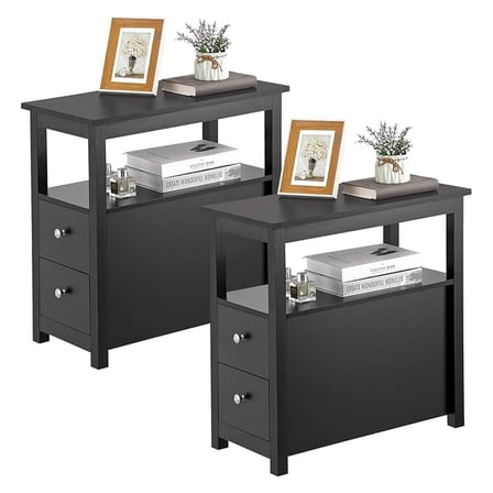 AIZYT Side End Table with 2 Drawer and Shelf, Multifunctional Narrow Side Table Chairside End Table for Living Room Bedroom, Set of 2, Black