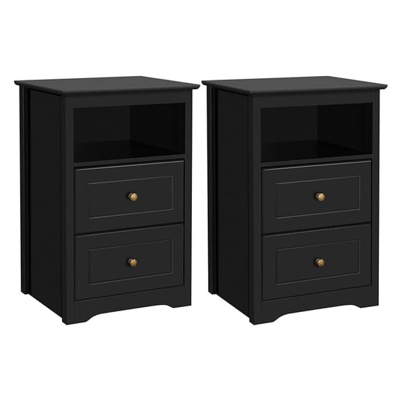 AIZYT Tall Nightstand Set of 2 with 2 Drawer and 1 Cubby, Wooden Bedside Table with Storage Drawers and Open Shelf, Bedside Cupboard Storage Cabinet for Bedroom Small Space, Black