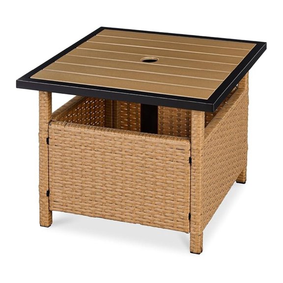 AIZYT Wicker Side Table with Umbrella Hole, Square PE Rattan Outdoor End Table for Patio, Garden, Poolside, Deck w/UV-Resistant Frame, Storage Space - Natural