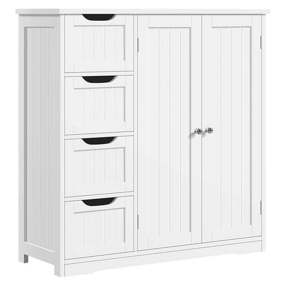 AIZYT Wooden Bathroom Floor Cabinet, Side Storage Organizer Cabinet with 4 Drawers & Double Doors, Freestanding Entryway Storage Unit Console Table, Bathroom Furniture Home Decor, White