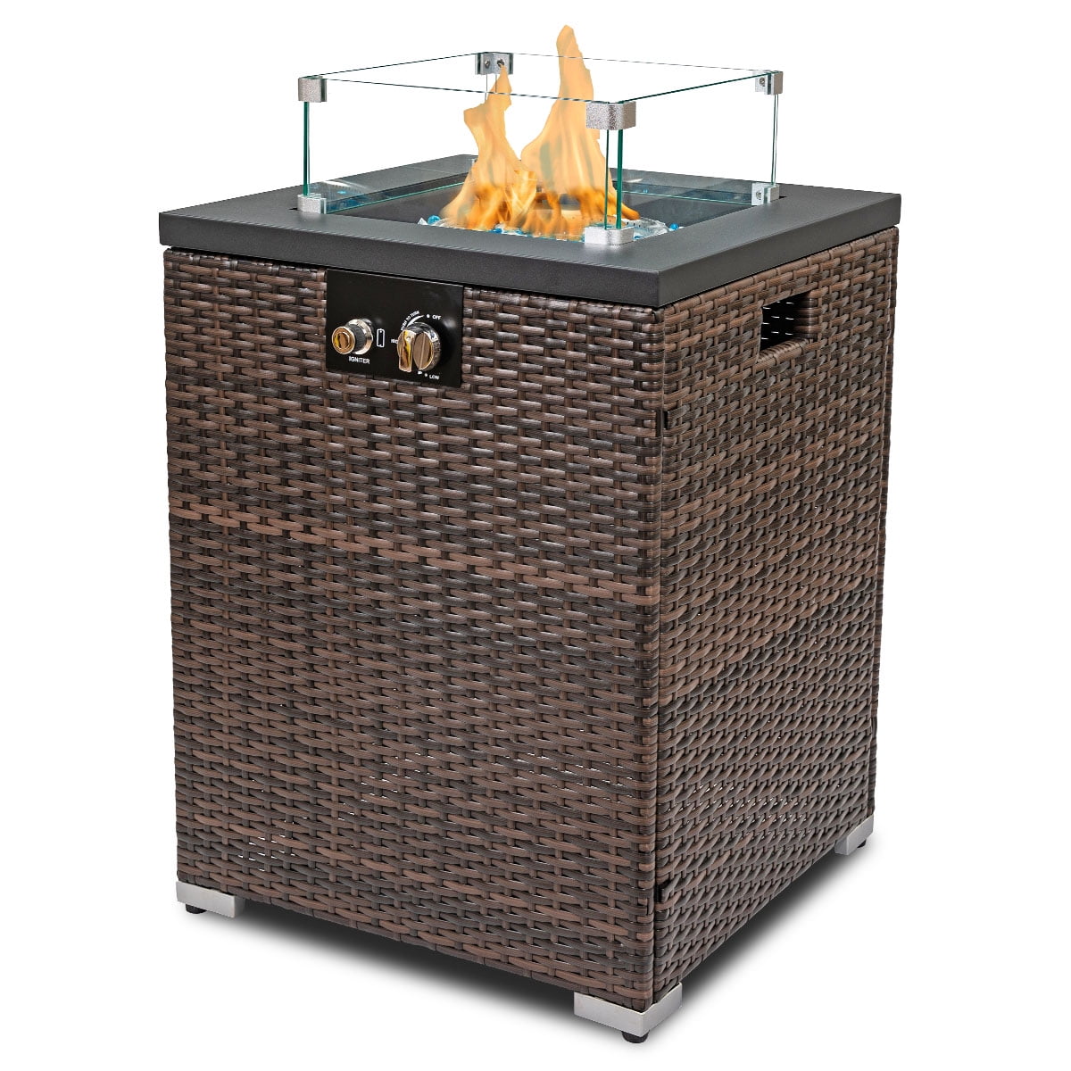 22" Brown Wicker Gas Fire Pit Table with Glass Wind Guard
