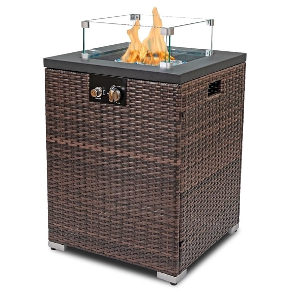AJ Enjoy 22" Square Wicker Fire Pit Table, 40,000 BTU Gas Propane Heater for Patio Garden