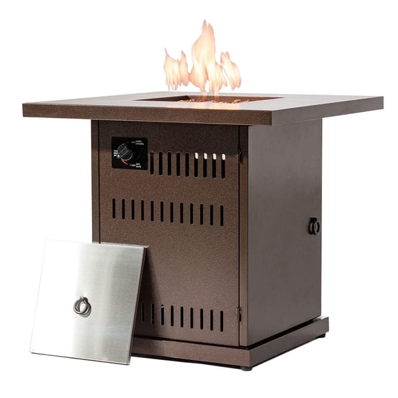 AJ Enjoy 28'' Outdoor Propane Fire Pit Table, 50,000 BTU Auto-Ignition Square Gas Firepit with Painted Steel Tabletop, Lava Rocks, Stainless Steel Lid