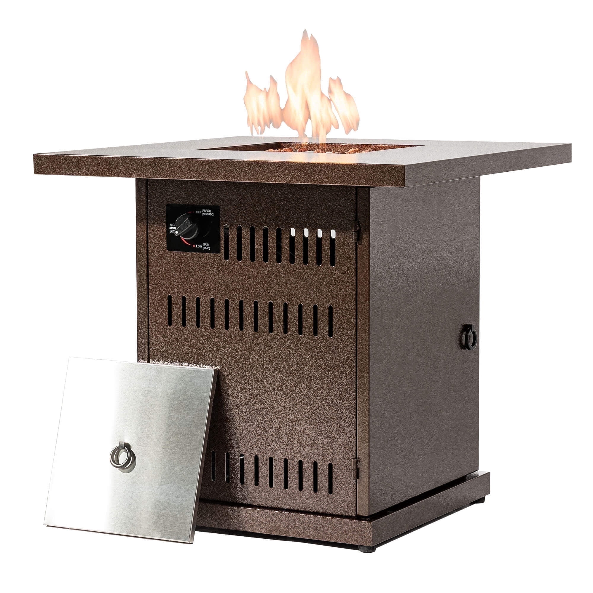 AJ Enjoy 28'' Outdoor Propane Fire Pit Table, 50,000 BTU Auto-Ignition Square Gas Firepit with Painted Steel Tabletop, Lava Rocks, Stainless Steel Lid