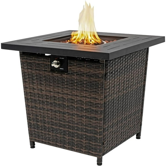 AJ Enjoy 28'' Propane Fire Pit Table, 50,000 BTU Fire Table with Brown Wicker, Laval Rocks, Inclined Leg Design.