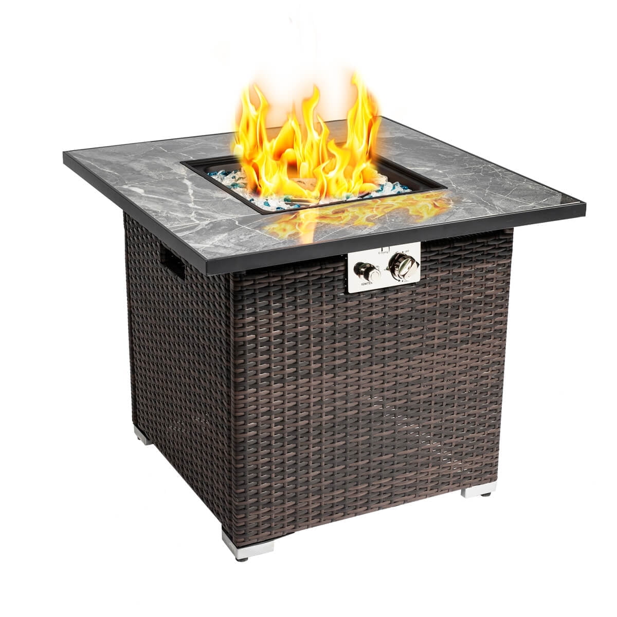 AJ Enjoy 30" Outdoor Propane Gas Fire Pit Table, 40,000 BTU Auto-Ignition Gas Firepit with  Mixed Color Glass Rocks, Brown