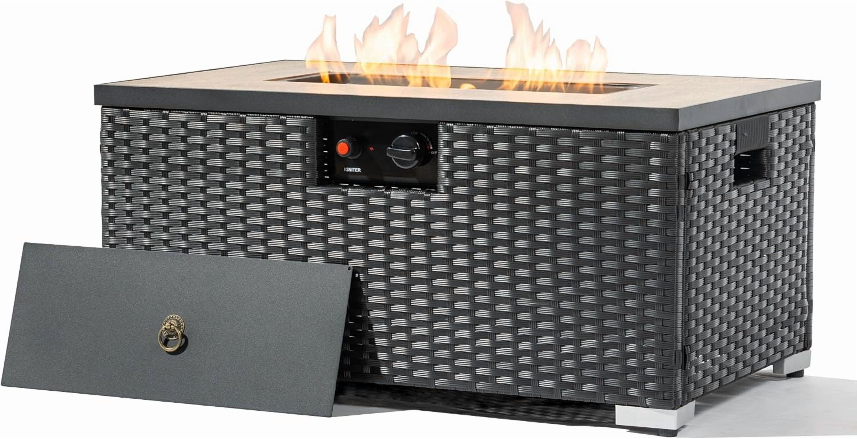 AJ Enjoy 32'' Propane Fire Pit Table, Marble Textured Ceramic Tabletop, 50,000 BTU Fire Table with Black Wicker, Mix Color Glass Rocks, Including Lid&Cover