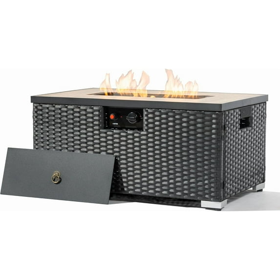 AJ Enjoy 32'' Propane Fire Pit Table, Marble Textured Ceramic Tabletop, 50,000 BTU Fire Table with Black Wicker, Mix Color Glass Rocks, Including Lid&Cover