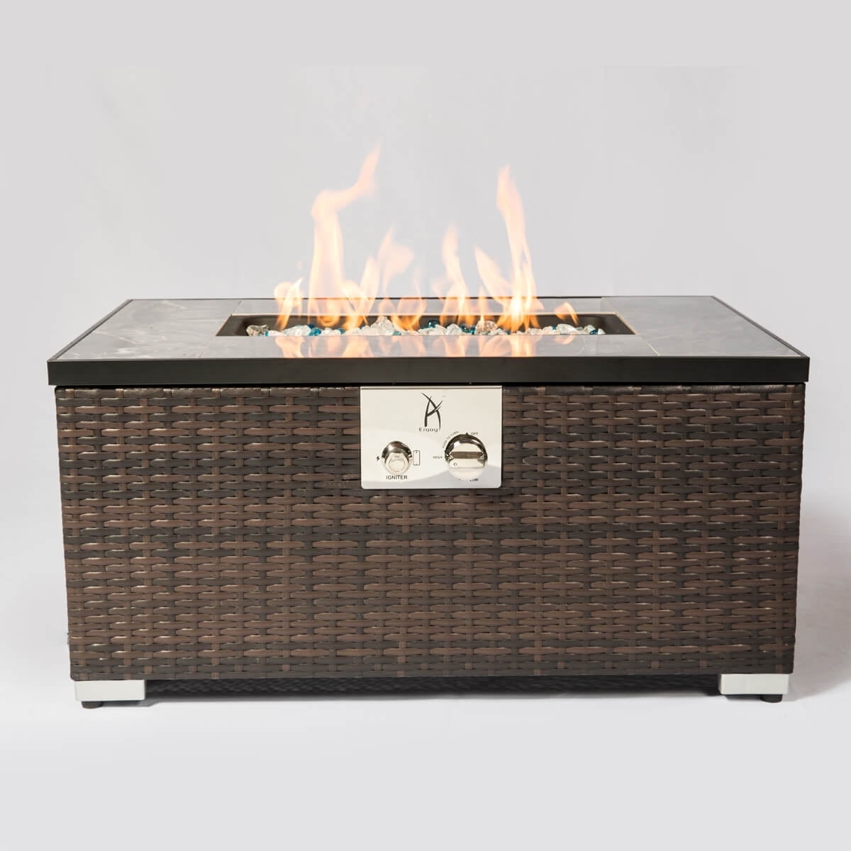 AJ Enjoy 32'' Propane Fire Pit Table, Marble Textured Ceramic Tabletop, 50,000 BTU Fire Table with Brown Wicker, Mix Color Glass Rocks, Including Lid&Cover