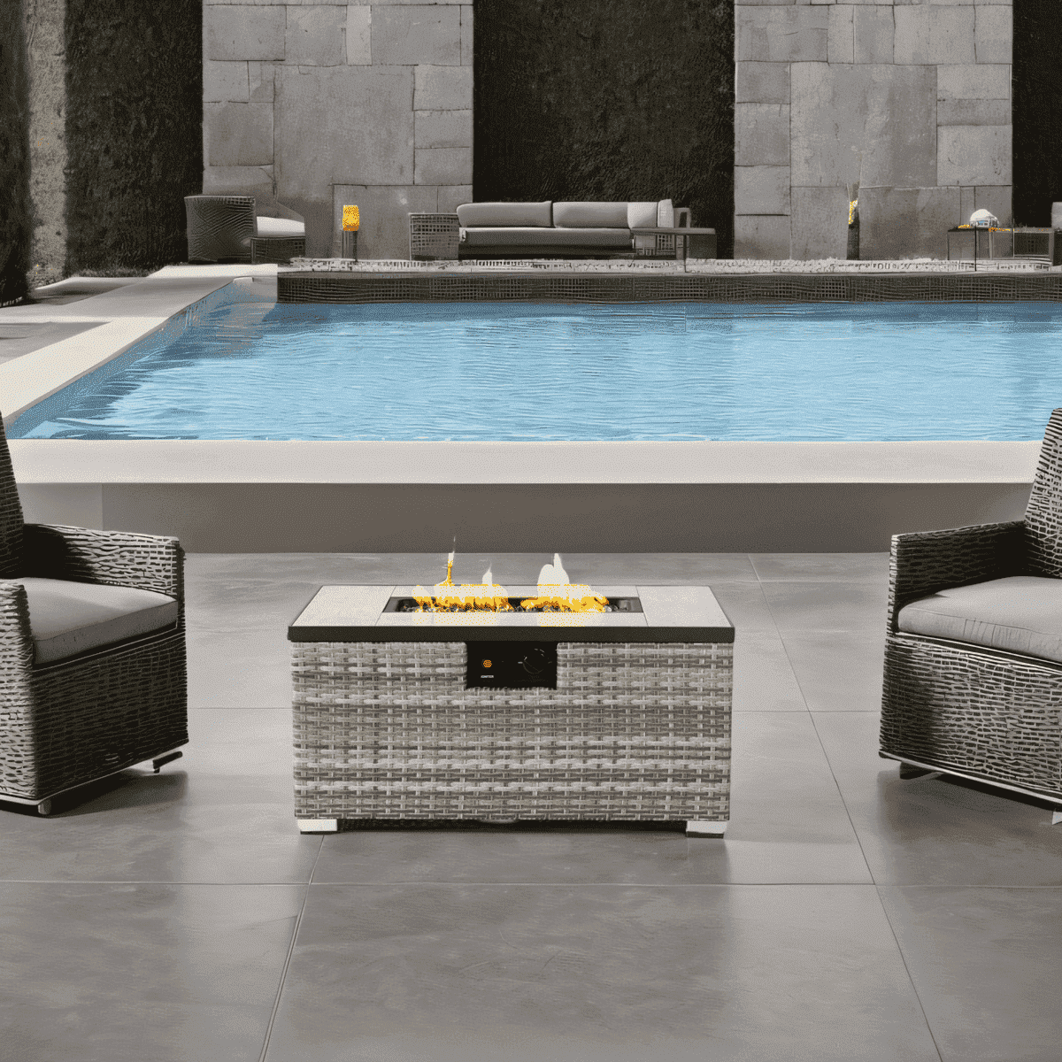 AJ Enjoy 32'' Propane Fire Pit Table, Marble Textured Ceramic Tabletop, 50,000 BTU Fire Table with Gray Wicker, Mix Color Glass Rocks, Including Lid&Cover