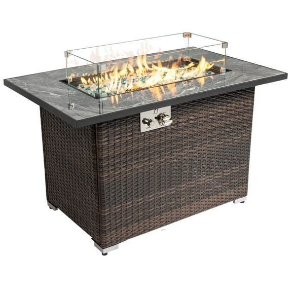 AJ Enjoy 44" Outdoor Fire Pit Table with Glass Wind Guard, 50,000 BTU Auto-Ignition Gas Firepit with Marble Tile Tabletop, Brown PE Rattan