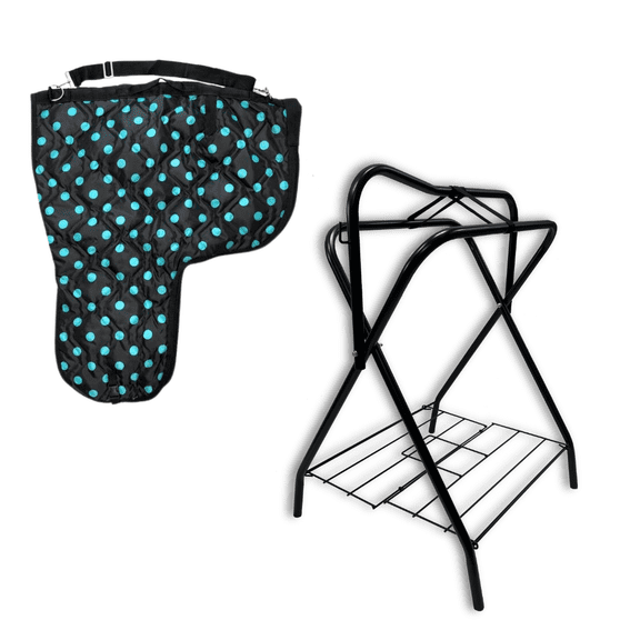 AJ Tack Freestanding Saddle Rack and Western Saddle Carrier Bundle Black with Turquoise Dots