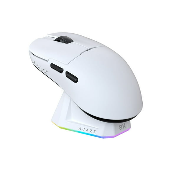 AJAZZ AJ159PRO 8Khz Bluetooth/2.4G/Wired 56G Lightweight Gaming Mouse with Magnetic Charging Dock, PAW3395 Sensor 26KDPI, Huanuo 100 Million Click, 100% ETFE Foot Pad & 8Khz Receiver white