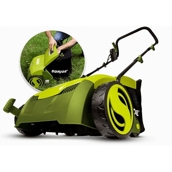 AJ801E 12-Amp 13-Inch Electric Dethatcher and Scarifier w/Removeable 8-Gallon Collection Bag, 5-Position Height Adjustment, Airboost Technology Increases Lawn Health, 13 inch, Green
