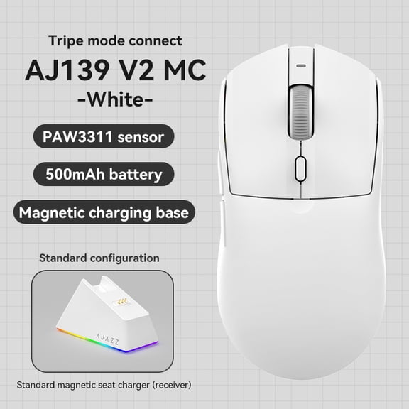 AJAZZ AJ139 V2 MC Gaming Mouse with Charging Base, Adjustable 12,000 DPI, PAW3311 Sensor, 3 Modes Wireless Mouse, 500mAh Battery, 1000 Polling Rate, 66g Lightweight, Win/Mac (White)