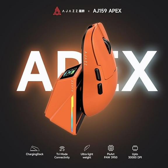 AJAZZ AJ159APEX 8Khz Ultralight Gaming Mouse with RGB Magnetic Screen Charging Dock -30K dpi Optical Sensor - Huanuo 100 Million Click - Ice Sensation Coating Trip-Mode Mice Orange