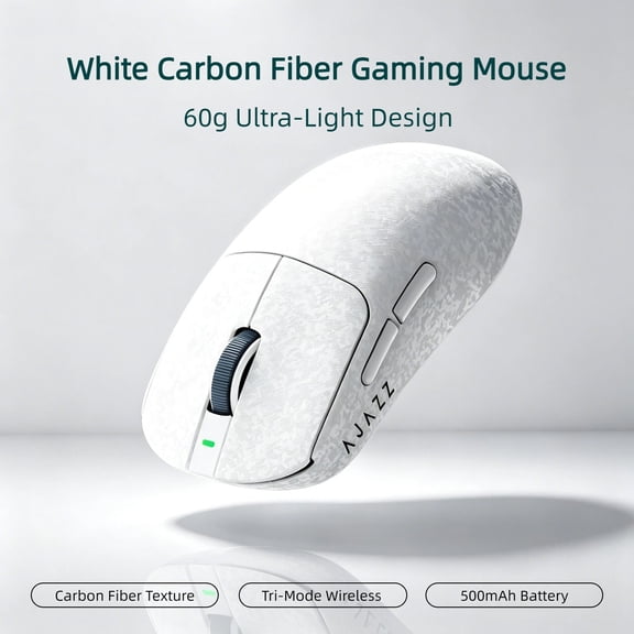 AJAZZ AJ199 Wireless Gaming Mouse, Lightweight Carbon Fiber Mouse, 24,000 DPI PAW3311 Sensor, Tri-Mode 2.4G/Bluetooth/USB-C, 500mAh Rechargeable Mouse for PC, Mac and Laptop, White