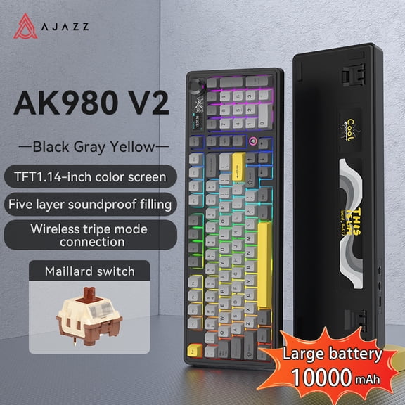 AJAZZ AK980 V2 Mechanical Gaming Keyboard with Display Screen, 10000mAh Battery, 98% Wireless Keyboard with BT/USB-C/2.4GHz, Hot Swappable, Linear Switch, Knob, RGB for Win/Mac