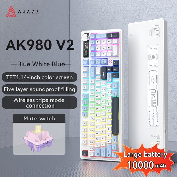 AJAZZ AK980 V2 Mechanical Gaming Keyboard with Display Screen, 10000mAh Battery, 98% Wireless Keyboard with BT/USB-C/2.4GHz, Hot Swappable, Linear Switch, Knob, RGB for Win/Mac