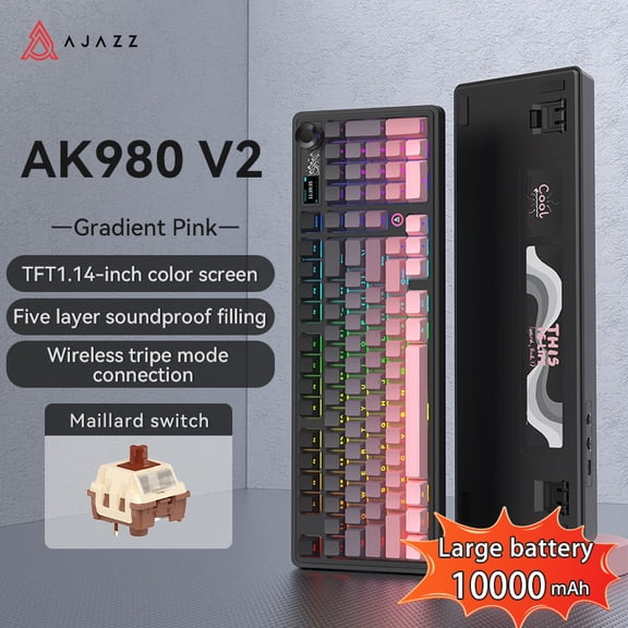 AJAZZ AK980 V2 Mechanical Gaming Keyboard with Display Screen, 10000mAh Battery, 98% Wireless Keyboard with BT/USB-C/2.4GHz, Hot Swappable, Linear Switch, Knob, RGB for Win/Mac