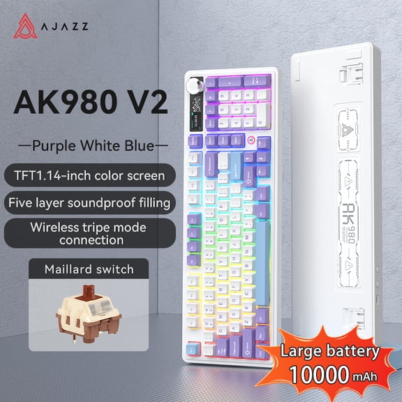 AJAZZ AK980 V2 Mechanical Gaming Keyboard with Display Screen, 10000mAh Battery, 98% Wireless Keyboard with BT/USB-C/2.4GHz, Hot Swappable, Linear Switch, Knob, RGB for Win/Mac
