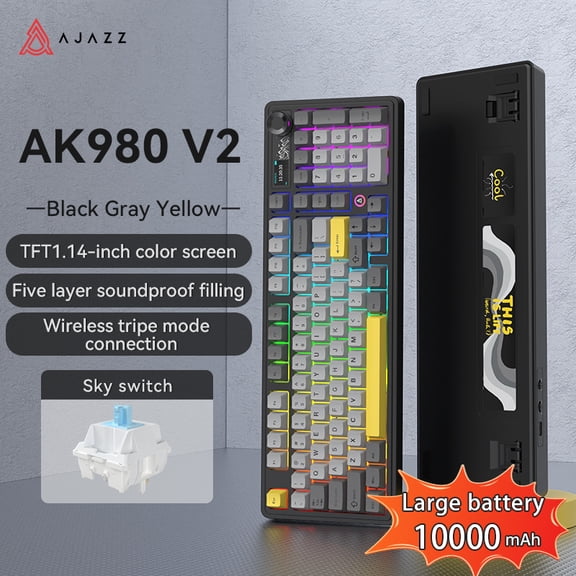 AJAZZ AK980 V2 Mechanical Gaming Keyboard with Display Screen, 10000mAh Battery, 98% Wireless Keyboard with BT/USB-C/2.4GHz, Hot Swappable, Linear Switch, Knob, RGB for Win/Mac