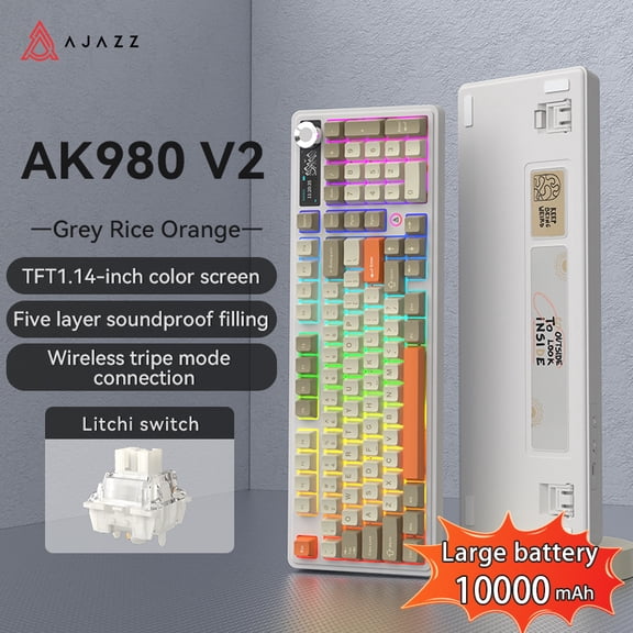 AJAZZ AK980 V2 Mechanical Gaming Keyboard with Display Screen, 10000mAh Battery, 98% Wireless Keyboard with BT/USB-C/2.4GHz, Hot Swappable, Linear Switch, Knob, RGB for Win/Mac
