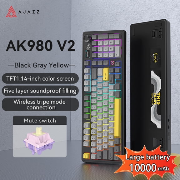 AJAZZ AK980 V2 Mechanical Gaming Keyboard with Display Screen, 10000mAh Battery, 98% Wireless Keyboard with BT/USB-C/2.4GHz, Hot Swappable, Linear Switch, Knob, RGB for Win/Mac