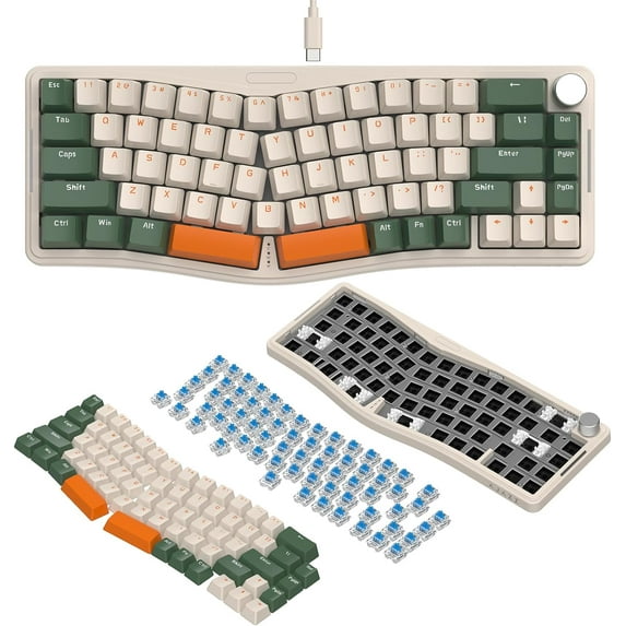 AJAZZ AKS068 Alice Layout Wired Mechanical Keyboard, Gasket Mount 68 Keys Ergonomic 60% USB-C VIA-Programmable Hot-Swappable Linear Switch RGB Backlit Knob NKRO, PC/MAC-Retro Green (Blue Switches)