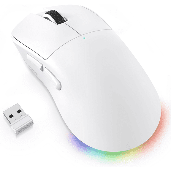 AJAZZ NJ08 Wireless Gaming Mouse 70g Lightweight, 12800 DPI, RGB Strip, 3-Mode Connection 2.4G/Bluetooth/Wired, 1000Hz Polling Rate, Ergonomic Right-Handed Design for PC, Mac, Windows, Laptop-White