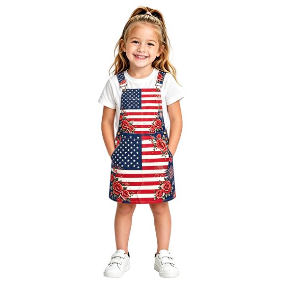 AJGRHE 4th of July Patriotic Outfit for Kids, Girls One-Piece Suspender Overall Dress with Star Stripe Print, Lovely National Holiday Celebration Skirt for All Occasions Blue 10-11 Years