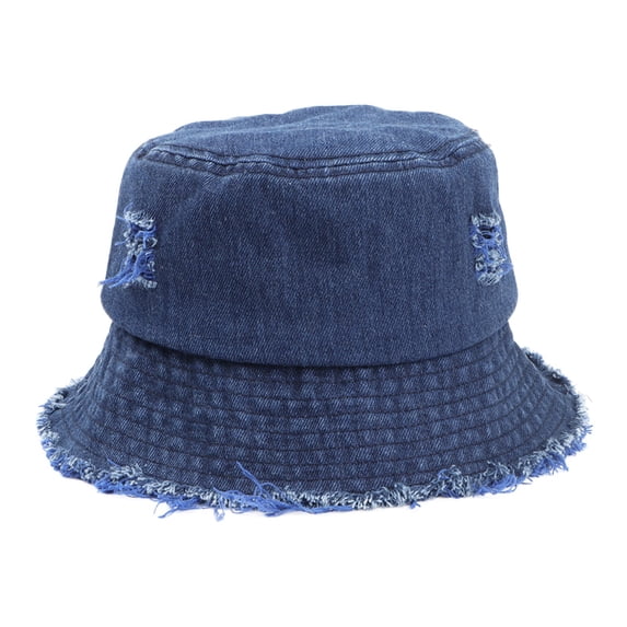 AJGRHE Adult Denim Washed Ripped Bucket Hats Women Fisherman Cap Packable Outdoor Sun Blue One Size