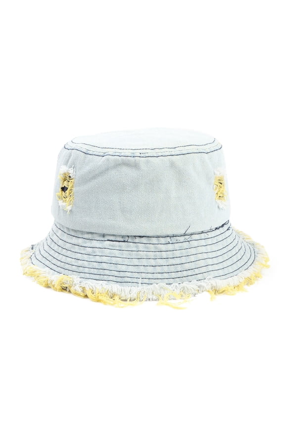 Adult Denim Washed Ripped Bucket Hats Women Fisherman Cap Packable Outdoor Sun Yellow One Size