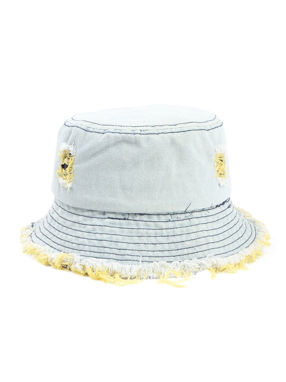 Adult Denim Washed Ripped Bucket Hats Women Fisherman Cap Packable Outdoor Sun Yellow One Size