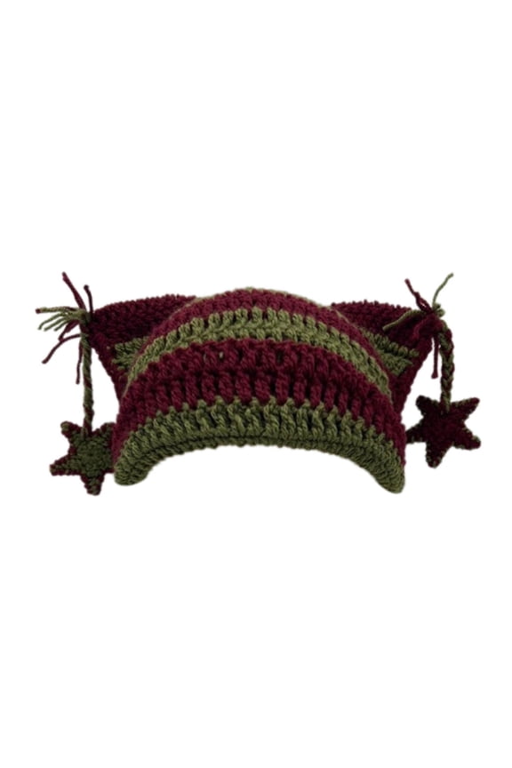 Adults Star Cat Ear Cap Warm Hand Striped Wool Hat Army Green One Size