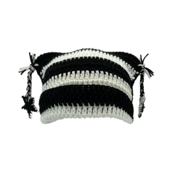 AJGRHE Adults Star Cat Ear Cap Warm Hand Striped Wool Hat White One Size