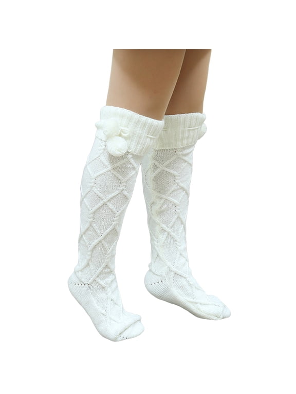 Autumn Winter Knitted Stacked High Tube Over Knee Breathable Long Socks Woolen Warm Women’s Casual Thick Comfy Stockings White One Size
