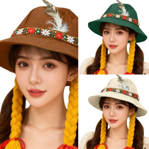 AJGRHE Bavarian Festival Bucket Hat With Braids For Oktoberfest And Party Traditional Accessory Brown One Size