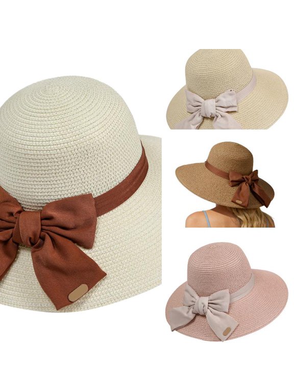 Beach Sun Straw Hats for Women, Wide Brim UPF 50+ UV Sun Protection Summer Straw Hat Packable Foldable Roll up Cap White One Size