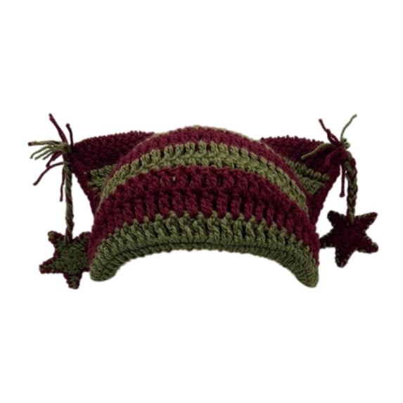 AJGRHE Beanies Cat Beanie Y2k Beanie Goth Knit Hat Grunge Crochet Hats for Women y2k Accessories Star Cat Ear Cap For Adults Warm Hand Crocheted Ear Striped Wool Ear Cap Army Green2 One Size